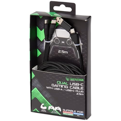 Battletron - Cable cargador doble USB-C para videojuegos, 2,5 m, cable trenzado 2 en 1 para mando PS5, Xbox Series X/S, Switch & Auriculares – Cable divisor USB-A a 2x USB-C – Resistente y largo