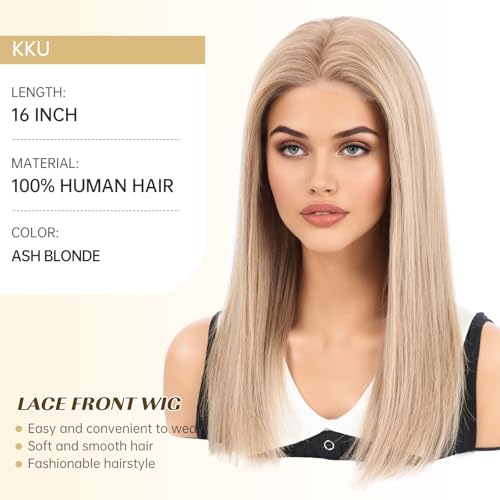 Image of KKU 5x5 Lace Front Human Hair Wig,Real Hair Wigs for Women,Glueless,Non-Slip Silicone Pads and Skin-Friendly Cap(16 Inch, Ash Blonde)