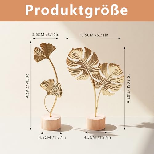 Tarqite 2 Stück Ginkgoblatt Statue Deko, Kreative Ginkgo Leaf Statue, Blatt Metallskulptur, Gold Desktop Skulptur Deko für Home, Büro, Schlafzimmer, Wohnzimmer, Weihnachtsdeko (A)