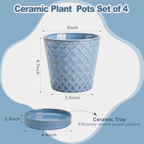 Image of EFISPSS Plant Pots,5 Inch Pots for Indoor Plants,Planters with Drainage Hole and Saucer, Ceramic Flower Pots Desktop Office Windowsill Decoration Gift Set of 4 - Sky Blue