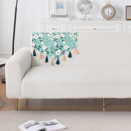 Image of HOKIPO Premium Sofa Backrest Cover Mat | Printed Holland Velvet with Tassels | 'Whispers of Nature' Sage Floral Vine (IN-1116-D8)