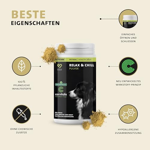 Peticare Relax-Mix Pulver für Hunde | Beruhigendes Ergänzungsfutter-Mittel | Natürliche Inhaltsstoffe, mit Baldrian & Ashwagandha | Stressabbau & Entspannung | petDog Health 2601