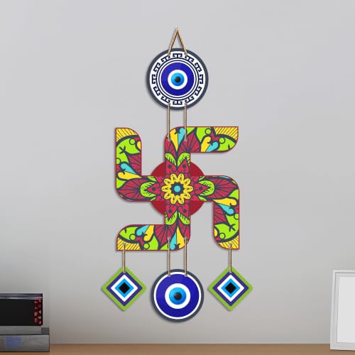 Image of Artvibes Decorative Swastik Wall Hanging with Evil Eye & Mandala Design | Auspicious Hindu Vastu Decor for Positive Energy and Good Fortune | Wooden Hanging Ornament for Entrance Door (WH 85103N)