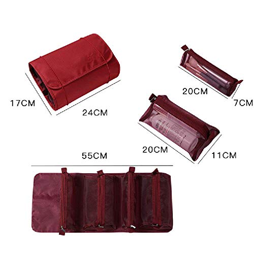 MOONKKA Roll Up Toiletry Bag Travel Cosmetic Case Organizer Portable Artist Storage Bag with Four Detachable Storage Bags for Cosmetics Makeup Brushes Toiletry Jewelry,Bordeaux red