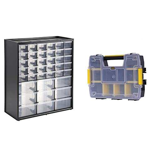 Stanley 1-93-981 - Caja de Almacenamiento con 39 Compartimentos + STST1-70720 - Organizador SortMaster, Negro, Transparente
