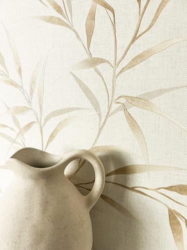 Newroom Papel Pintado No Tejido Beige Hojas - Floral Romántico Bambú Ramas para Salón Dormitorio
