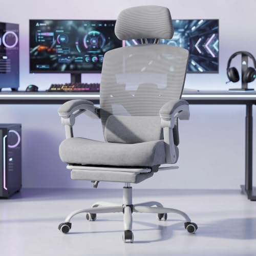 Image of DUMOS Home Office Desk Chair with Footrest, High-Back Mesh Rolling Swivel Reclining Chairs with Wheels, Comfortable Headrest, Lumbar Support, Comfy Arms for Home, Office, Gaming, Student,Elegant Grey