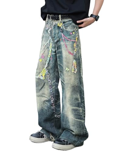 Men's Baggy Jeans Y2k Loose Fit Printed Denim Skater Pants Women Hip Hop Streetwear Wide Leg Trousers