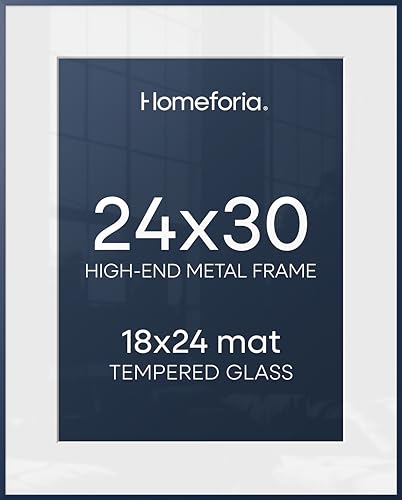 Image of Homeforia 24x30 Frame Navy Blue, High End Metal 24x30 Picture Frames with Mat 18x24 Photo, 24 x 30 Thin Navy Blue Poster Frame Matted to 18 by 24, 30x24 Large Frame, Tempered Glass, Wall Kit, Set of 1