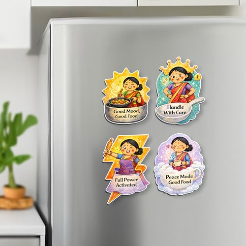 Image of Regalo Casila Kitchen Fridge Magnets Set of 4 Good Mood Good Food Full Power Activated Peace Mode Good Food Handle with Care Wooden Laser Cut Refrigerator Magnet Decor