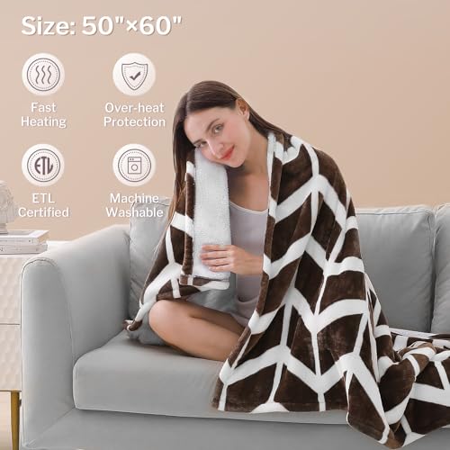 VENTIMI Electric Blanket Heated Throw, 50" x 60" Heated Blanket with 4 Heat Levels & 3 Hours Auto Off, Fast Heating Blanket with ETL & FCC Certification, Coffee