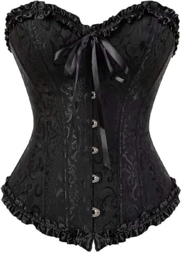 Women's Lacing Corset Top Satin Floral Boned Overbust Body Shaper Bustier Sexy Waist Push Up Shapewear Lingerie (AU, Alpha, Large, Regular, Regular, Black)