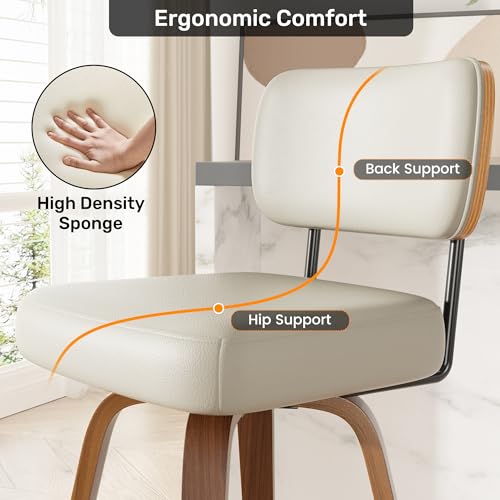 Image of Swivel Bar Stools Set of 1, 26 inch Upholstered Faux Leather Counter Height Barstools with Walnut Back & Bentwood Legs, Mid Century Modern Bar Chairs Island Stools for Kitchen Counter, Beige Grey