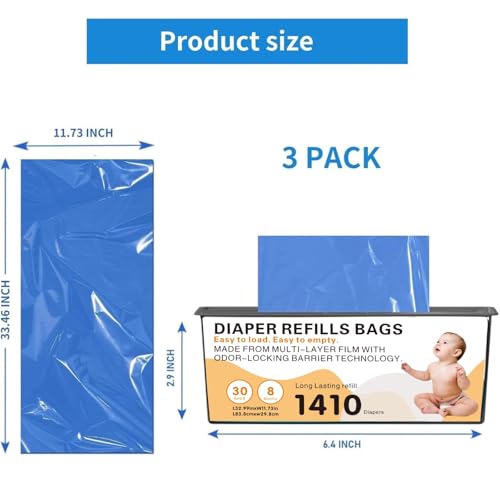Image of Diaper Pail Easy Roll Refill Bags, Compatible with Genie Easy Roll Signature and Platinum Pails, Each 30 Bags Holds Up to 1410 Newborn Diapers, 7-Layer Odor-Barrier Technology, 3 Pack (90 Bags)