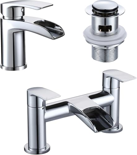 Image of [Basin Tap and Bath Tap] Hapilife Waterfall Bathroom Sink Mixer Tap and Tub Filler Faucet Chrome with Pop Up Waste, Monobloc Bathroom Taps Set