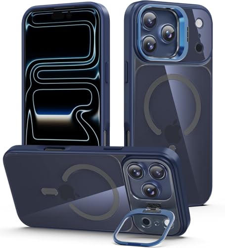 Image of VONZEE Clear Camera Kickstand Case for iPhone 17 Pro Max, Built-in Adjustable Camera Stand, Clear Magnetic Mag-Safe Shockproof Classic Series Phone Cover (Blue)