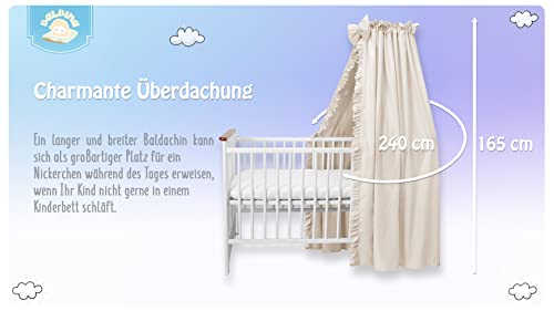 balbina Baldachin 100% Baumwolle, Deko-Set für Kinderbett, Betthimmel mit Rüsche & Schleife, Moskitonetz für Babyzimmer, Undurchsichtiger Bettvorhang ohne Himmelstange, 240 x 165 cm, Hellbeige