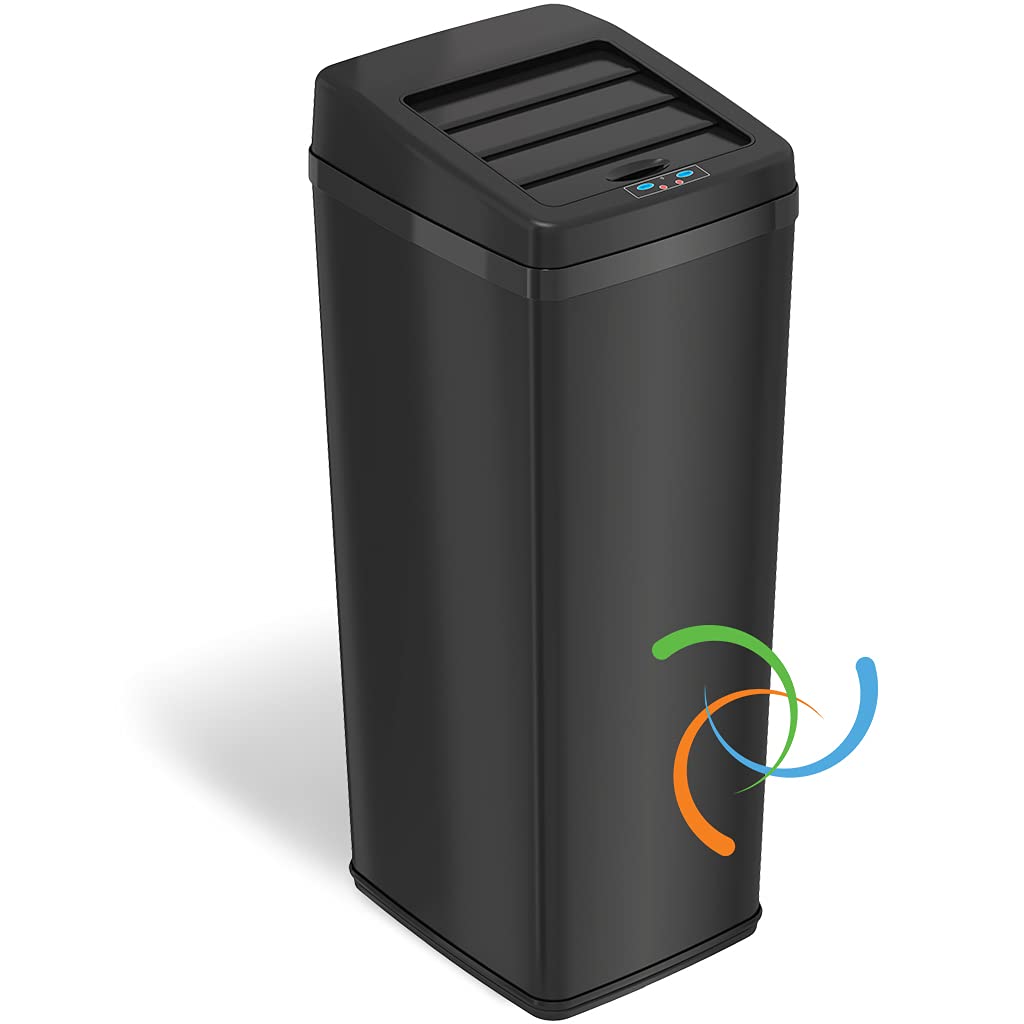 iTouchless 14 Gallon Sliding Lid Automatic Sensor Trash Can with Odor Filter System, 52 Liter Black Steel Touchless Kitchen Garbage Bin