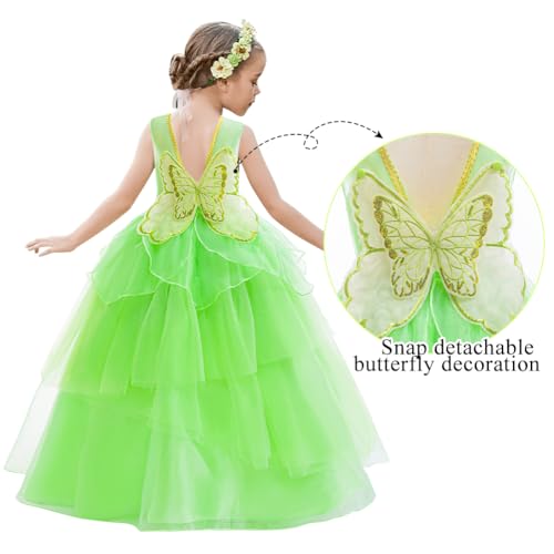 LZH Kids Tinkerbell Costume Dress For Girls Green Fairy Costume Princess Halloween Fancy Dress Up With Crown Wand Wreath - Image 2