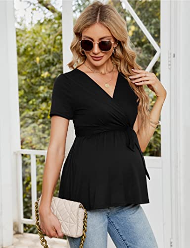 Funjuly Maternity Tops Womens Short Sleeve Wrap V Neck Nursing Shirts Pregnancy Casual Tunic Blouses With Belt Black M #TOP3
