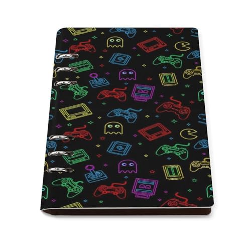 SEBNATAL Adults Portable Colorful Game Video Gaming Pattern Black Notebook A5, 90 Sheets Travel Journal, Detachable Pages, Horizontal Text for On The Go