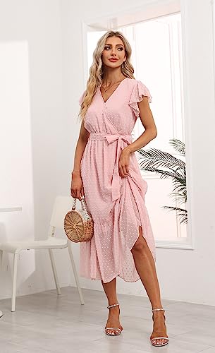 Image of VintageClothing Womens Sundress Casual Floral Summer Boho Dress | Flowy Wrap V Neck Ruffle A-Line Pleated Hem Midi Dresses