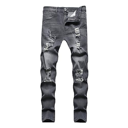 JEKE-DG Men's Ripped Slim Fit Jeans Stretch Destroyed Ripped Skinny Jeans Fashion Design Streetwear Denim Trousers (X-Large,Grey)
