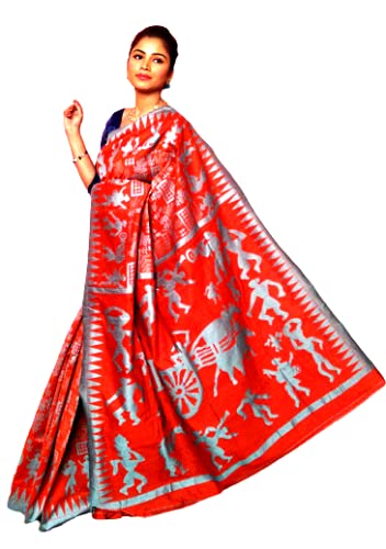 RIAA COLLECTION Women's Traditional Authentic Jamdani Hand Woven Soft Linen Saree with Blouse Pc.(KPS-2362_Rust)