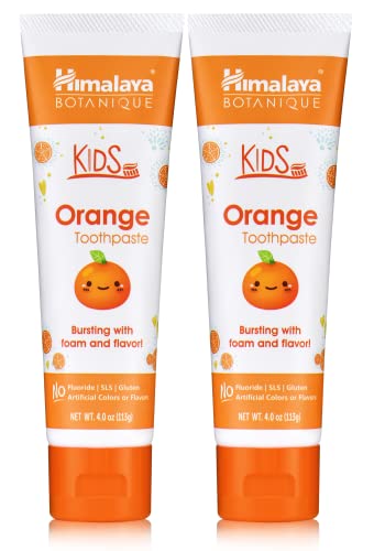 Himalaya Botanique Kids Toothpaste, Herbal, Orange Flavor, Fights Plaque, Fluoride Free, Gentle, No Artificial Flavors or Colors, SLS Free, Gluten Free, Cruelty Free, Vegan, Foaming, 4 Oz, 2 Pack…