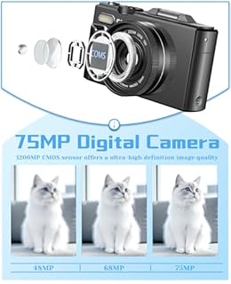 Yatao Digital Camera, 5K 75MP Cameras for Photography with WiFi & 64GB TF Card, Autofoucs Vlogging Camera for YouTube with 180° Flip Screen, Compact Vlog Travel Camera Kit for Beginner, Teens (Black)