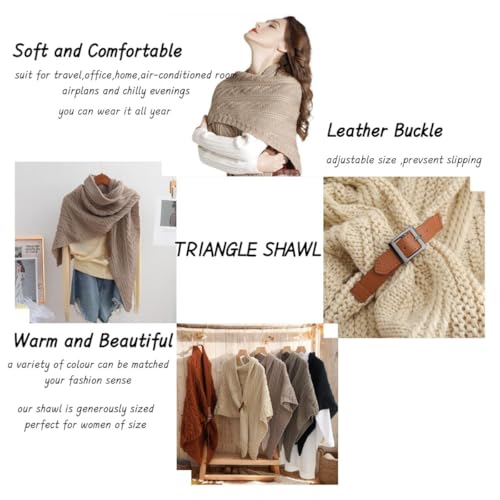 Knitted Triangle Shawl With Leather Buckle, Knitted Triangle Scarf,Fall Winter Knitted Triangle Wrap for Women3
