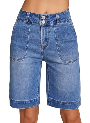 Sidefeel Womens Bermuda Jean Shorts High Waisted Tummy Control Stretchy Denim Shorts with Pockets Dark Blue Size 12