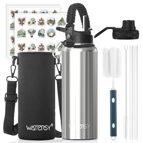 WATERSY Stainless Steel Vacuum Insulated Water Bottle 40oz, Drink Flask Metal Water Bottles 1200ml with 2 Lids Leakproof (Straw Lid and Spout Lid) Keep 24 Hours Cold Drinks for Sport, Work, Travel