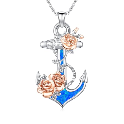 CRWENG Anchor Necklace for Women 925 Sterling Silver Anchor Rose Pendant Blue Opal Necklace for Women Nautical Ocean Beach Jewelry Gifts for Lover