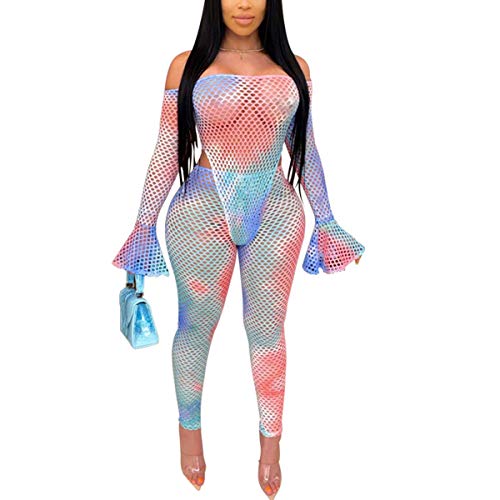 2 Piece Outfits for Women Summer Club - Lace Mesh See Through Long Sleeve Bodysuit Tops + Long Pants Set Clubwear Tie Dye Blue L