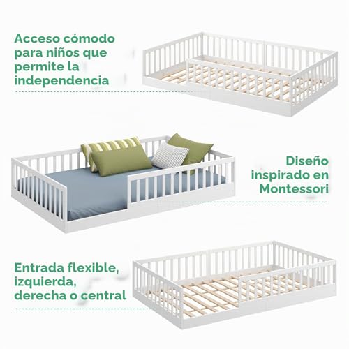 Miniatura 8 de Cadani Timi 2en1 Cama Infantil Al Ras Del Suelo 120x200 Cm Montessori Con Barrera Anticaída Desmontable, Incluye Somier, Pino Macizo, Blanco - 3 Variantes De Montaje, Hasta 200 Kg, Convertible