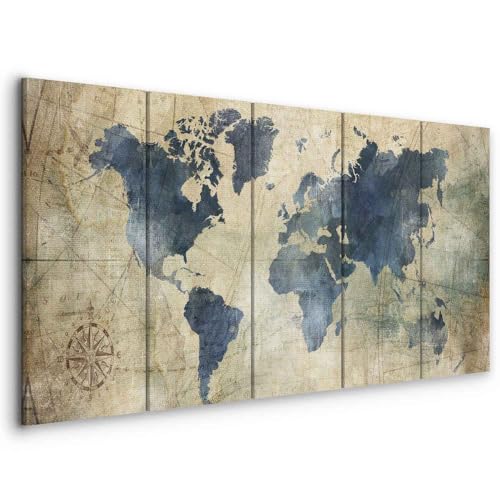 murando - Tableau décoratif Carte du monde 200x80 cm - Impression sur toile colorée - Décoration murale pour salon et chambre - Gris blanc vert - Continents cartes rétro monde ancien k-A-0415-b-m