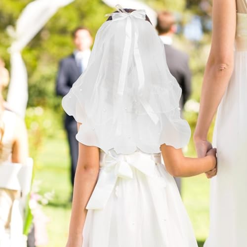 Flower Girl First Communion Veils Headband Pearl Bowknot Dual- layer Wedding Veil Wedding Baptism Communion Headpiece with Comb Hair Accessories2