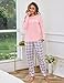 Marvmys Schlafanzug Damen Lang Winter Baumwolle Pyjama Set Zweiteilig Gemütlich Rundhals Herz-Print T-Shirt Karierte Hose