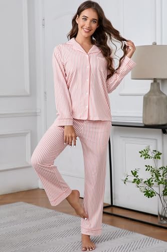 Image of LUBOT 100% Cotton Pajamas for Women Pajama Set Soft 2 Piece Sleepwear PJ Set Long Sleeve Knit Button Cozy Loungewear XS-XXL