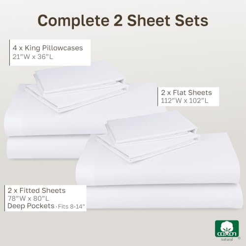 Image of California Design Den 100% Cotton Pack of 2 Sheets for King Size Bed, Soft & Durable King Size Deep Pocket Sheet Sets, King Sheet Set with Sateen Sheets (White)