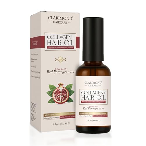 Clarimond Collagen+ Aceite capilar con granada, 60 ml, repara y fortalece el cabello dañado, antiencrespamiento, brillo, rico en vitaminas, sérum ligero para cabello y piel, no graso