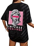 SweatyRocks Women's Short Sleeve Drop Shoulder Round Neck Tee Graphic Print Oversized Loose Fit T-Shirt Tops Black Pink S
