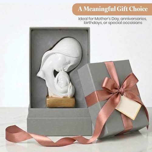 Image of Kuber Industries 4x6 Inch Mother Child Sculpture for House Warming Gift | Resin Mom & Baby Love Idol /Showpiece for Home DecorLiving Room /Desk | White & Golden