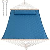 ANOW Quilted Hammock with Spreader Bars and Detachable Pillow, Large Hammock for Outdoors Indoors, 450 LBS Weight Capacity, Blue