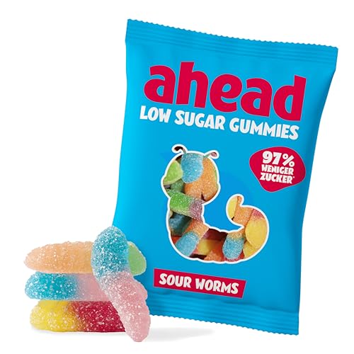 ahead Sour Worms Gummibärchen | Fruchtgummi 18 × 50 g | Gummibärchen ohne Zuckerzusatz | Nur 1 g Zucker & 78 kcal pro 50 g | saure Fruchtgummi-Würmer & ballaststoffreich