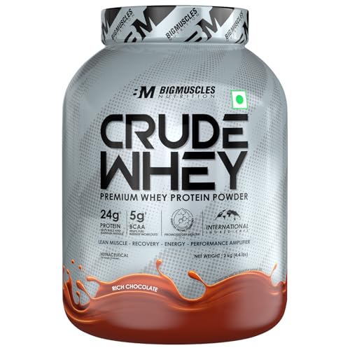 Image of Bigmuscles Nutrition Crude Whey - 2 kg (Rich Chocolate) | US FDA REGD. BRAND | Whey Protein Concentrate 80%, 24g Protein, 5.5g BCAA, 4 g Glutamine