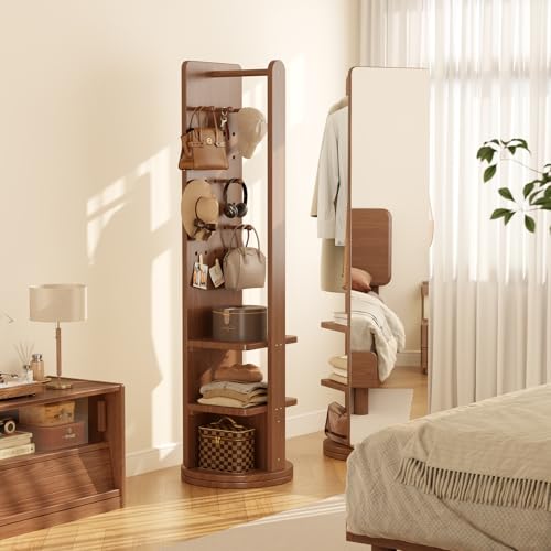Image of WoodsWhisper Full Length Mirror Coat Rack Solid Wood Floor Mirror 66 inchx12 inch Full Length Mirror with Stand Long Mirrors for Bedroom,Living Room (Walnut Brown, 70 inch L x 16 inch W)