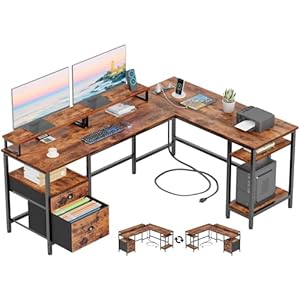 Furologee 66” L Shaped Desk with Power Outlet, Reversible Computer Gaming Desk with File Drawer & 2 Monitor Stands for Home Office with Storage Shelves, Rustic Brown Furologee 66 L Shaped Desk with Power Outlet Reversible Computer Gaming Desk with File Drawer 2 Monitor Stands for Home Office with Storage Shelves Rustic Brown