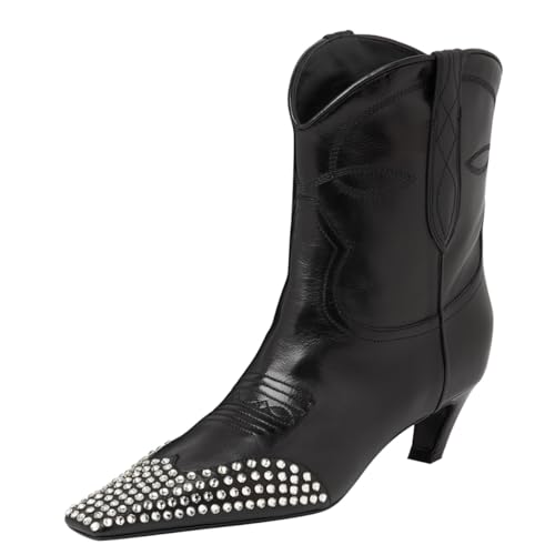 FSJ Women Square Toe Comfort Kitten Low Heel Ankle Boot Pull On Bootie Fall Winter Cowgirl Cowboy Dressy Shoes Size 4-16 US